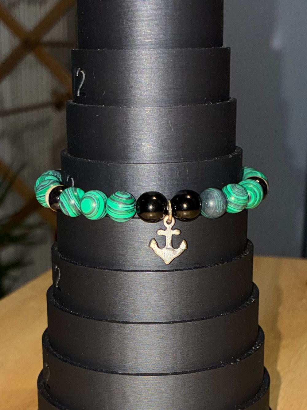 Steve Madden Malachite & Black Onyx Bead Anchor Charm Adjustable Bracelet